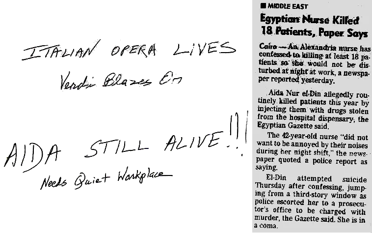 Robert Helps’ clipping/press release: 'Aida still alive!'